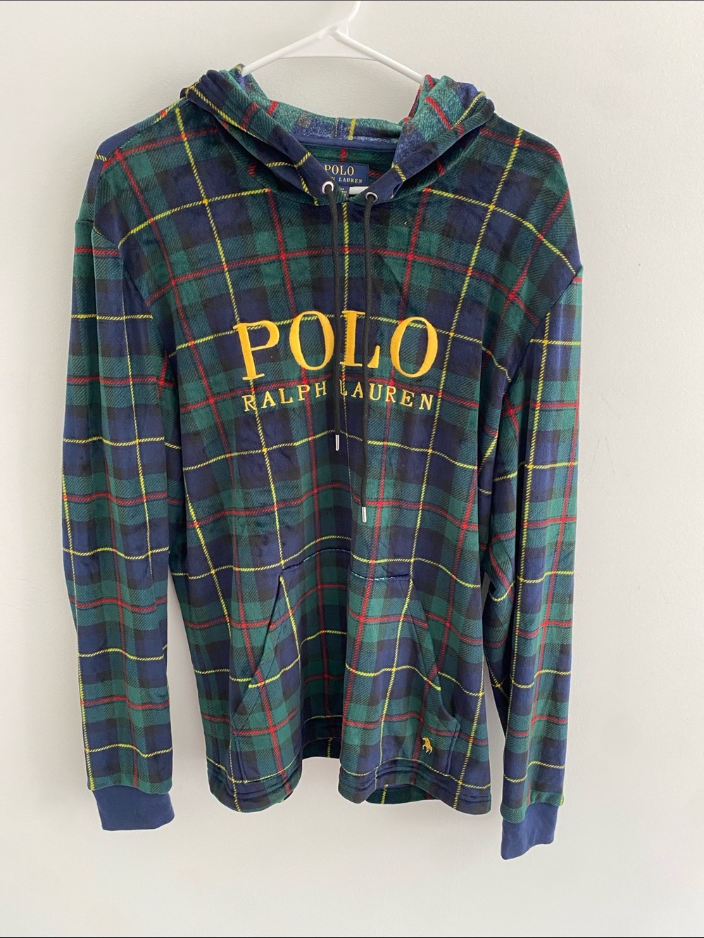 Polo Ralph Lauren Hoodie Pullover Mens Green Plaid Velour Sleepwear MEDIUM